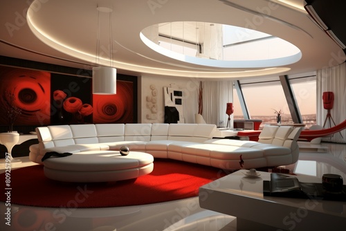 Elegant contemporary living room design with circular sofa and panoramic city view © juliars