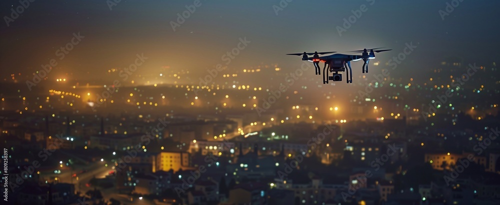 Drone flying in night city. generative AI Drone flying in night city. generative AI