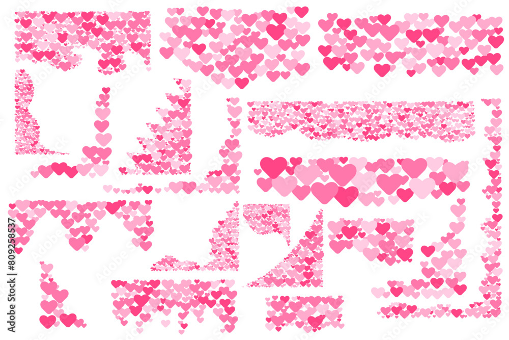 Pink hearts corner particles set. Vector illustration.