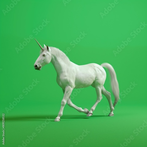 Full body of a unicorn walking  on a solid green screen background.