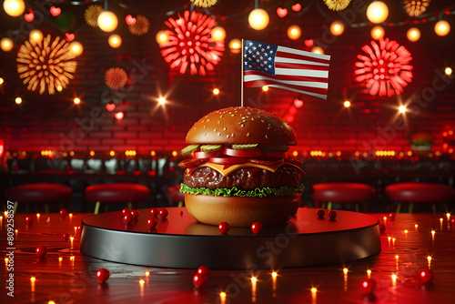 Burgers on a wooden board in pub, barbecue with American flag, beer and fireworks in the background. 4 July independence day celebration happy hours and sales.