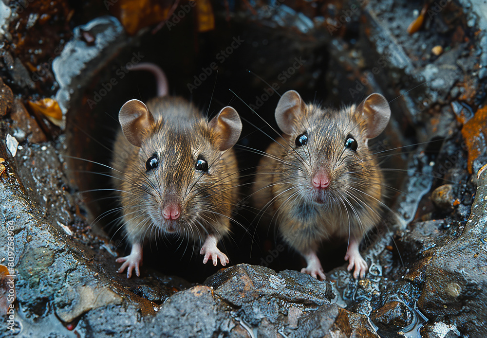 Two brown rats looking out of hole in tree Two brown rats looking out of hole in tree