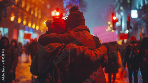 Couple Hugs Lovingly Amid a Nighttime City Protest