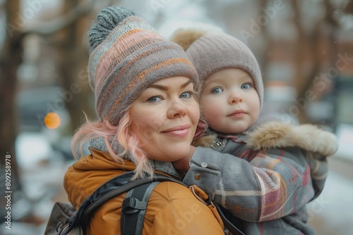 mom with pink hair, taking baby to nursery on foot