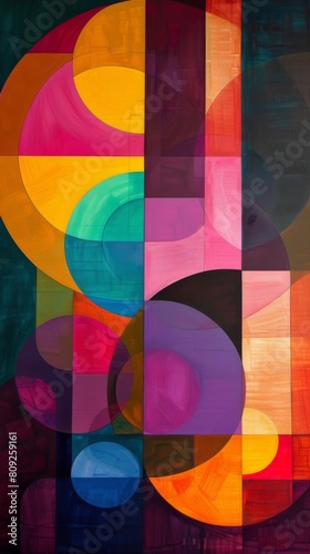 Colorful geometric abstract art with overlapping circles and textured panels