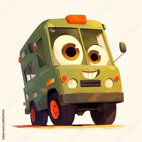 A cartoon illustration of a friendly military truck, designed to introduce children to different types of vehicles in a non-threatening and enjoyable way