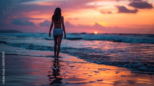woman walking on the beach near the ocean at the sunset
