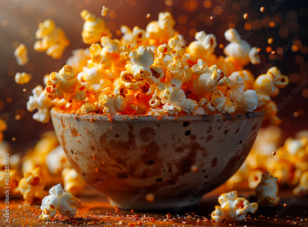 Popcorn in bowl. A bowl of popcorn is covered in popcorn in a stream Popcorn in bowl. A bowl of popcorn is covered in popcorn in a stream