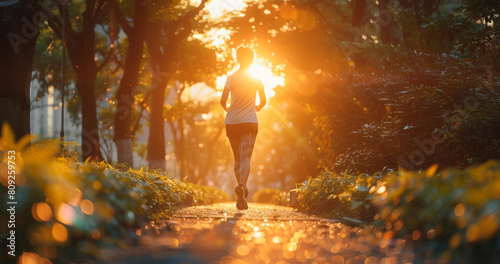 Runner enjoying a serene jog down a sunlit path lined with trees at sunset.