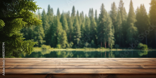 Wooden Tabletop in Forest for Product Presentation. Rustic Wood Table with View of Forest Lake. Generative AI