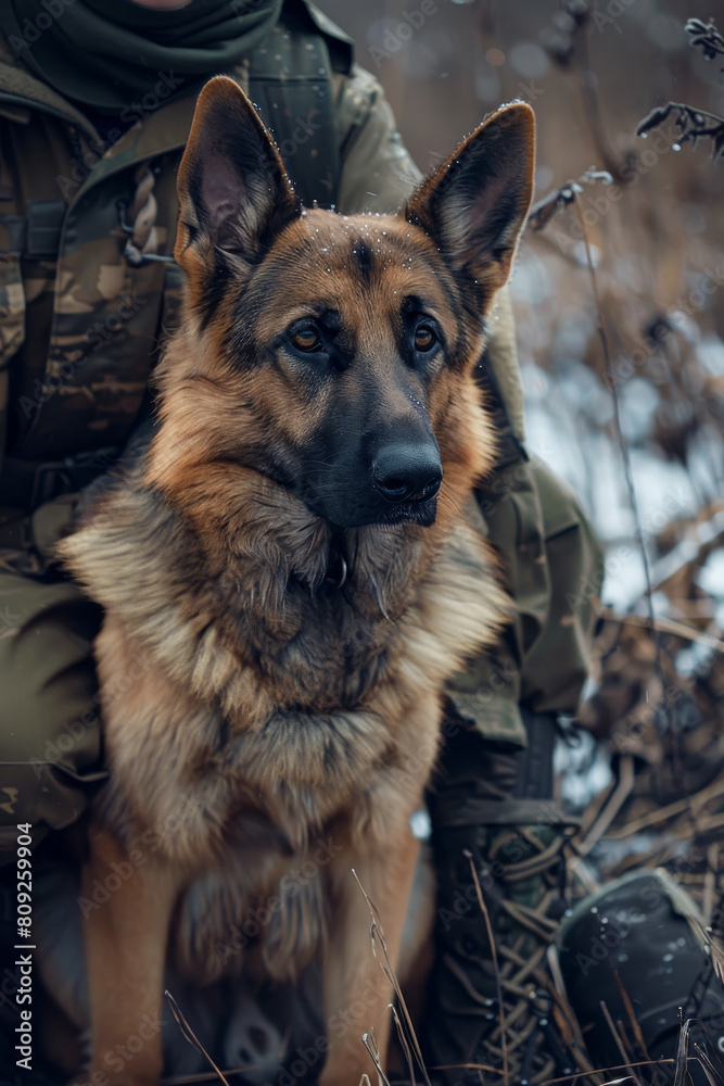 Soldier and his military dog. A german shepherd dog is sitting next to a person wearing a military uniform