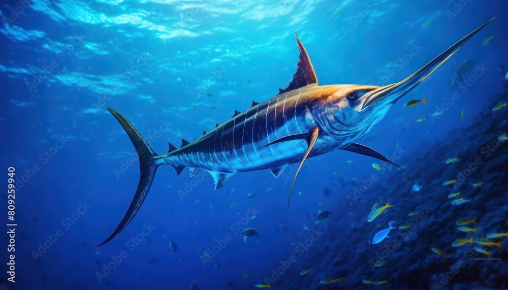 Obraz premium Giant Marlin fish in the ocean, beautiful view of marlin fish in the blue ocean