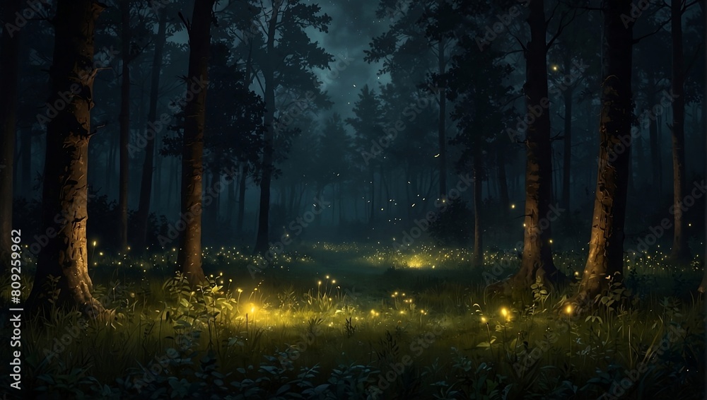 Fototapeta premium Dancing fireflies glimmer the mysterious forest