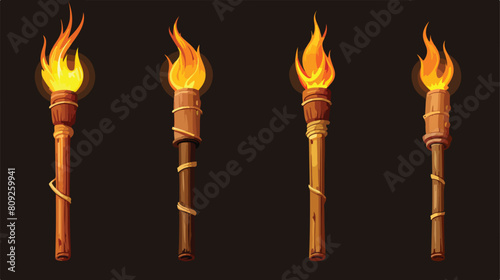 Realistic burning tiki torch set isolated on dark t photo