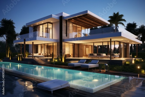 Elegant contemporary home with illuminated interior and poolside area during twilight © juliars