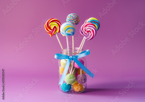 Colorful candies and lollipops in glass jar on pink background