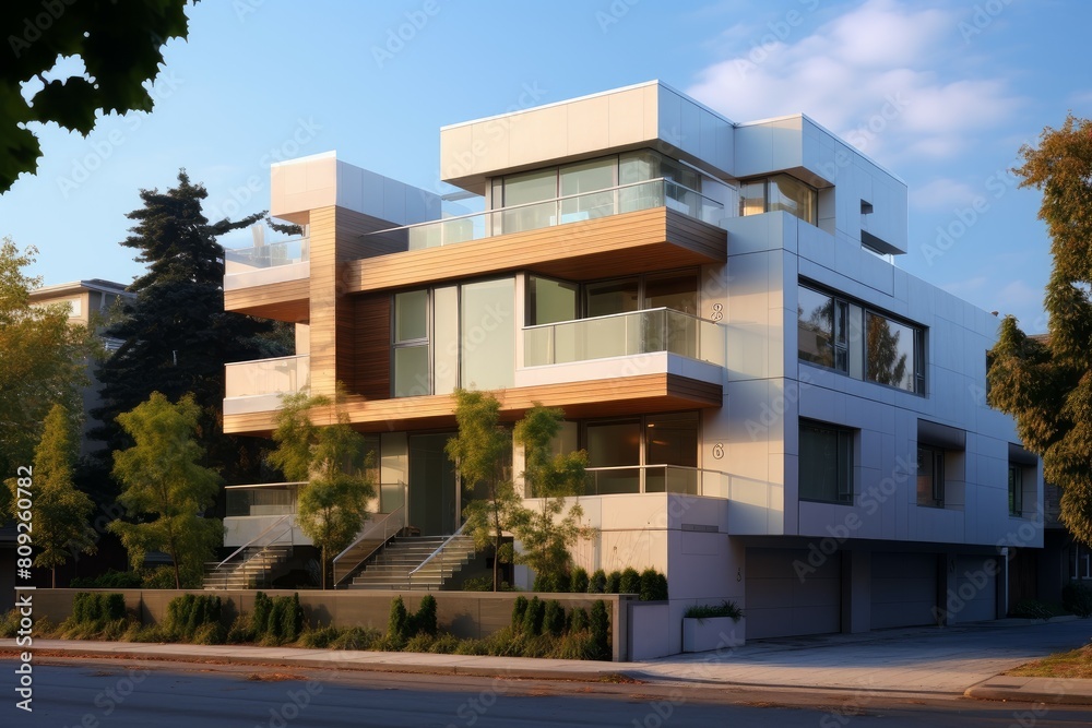 Obraz premium Elegant contemporary house against a sunset sky, showcasing exterior design