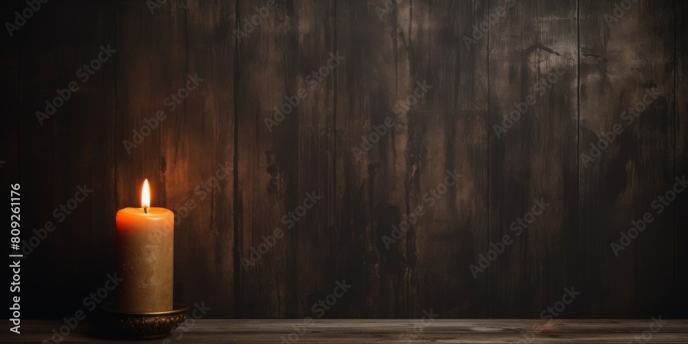 Single Lit Candle In Holder On Dark Wooden Background With Copy Space. Candlelight Composition On Dark Wood Table. Generative AI Single Lit Candle In Holder On Dark Wooden Background With Copy Space. Candlelight Composition On Dark Wood Table. Generative AI