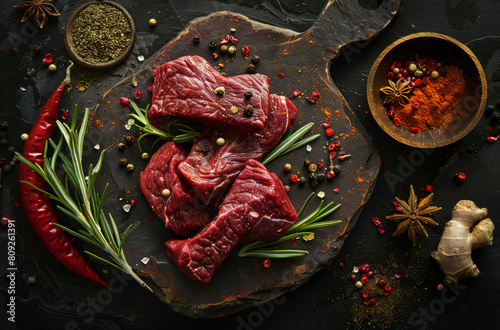 Raw beef and spices on stone board