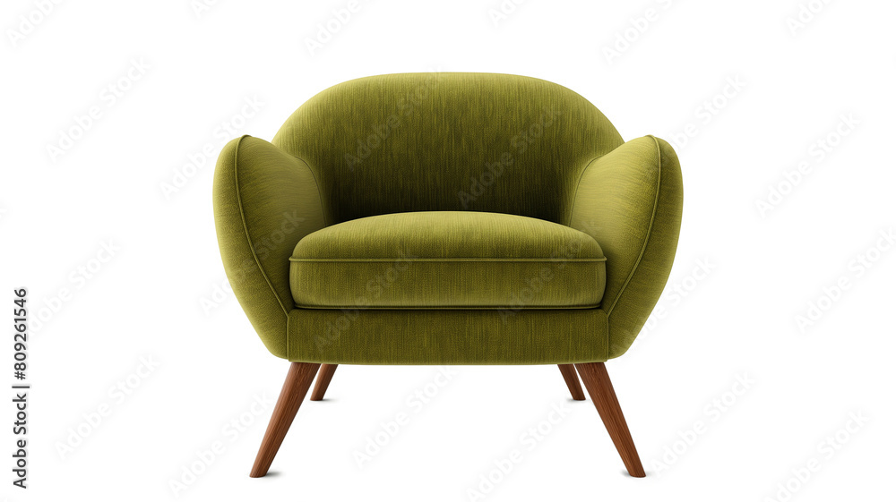 Fototapeta premium Comfortable olive green armchair with wooden legs isolated on a transparent background