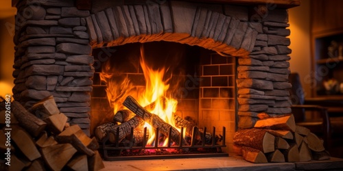 Elegant Stone Fireplace With Crackling Fire And Chopped Wood Ready For Burning. Cosy Home Atmosphere. Warm Hearth. Generative AI