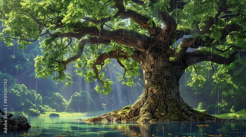 Gigantic tree by the river in a fantasy forest landscape. Towering natural wonder amidst enchanting scenery.
Seamless looping 4k time-lapse virtual video animation background. Generated AI