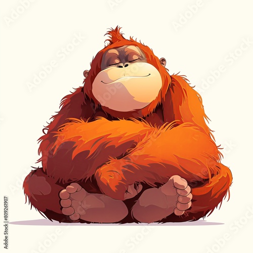 A cartoon orangutan sitting peacefully, showcasing a relaxed demeanor, suitable for environmental education focused on rainforest wildlife