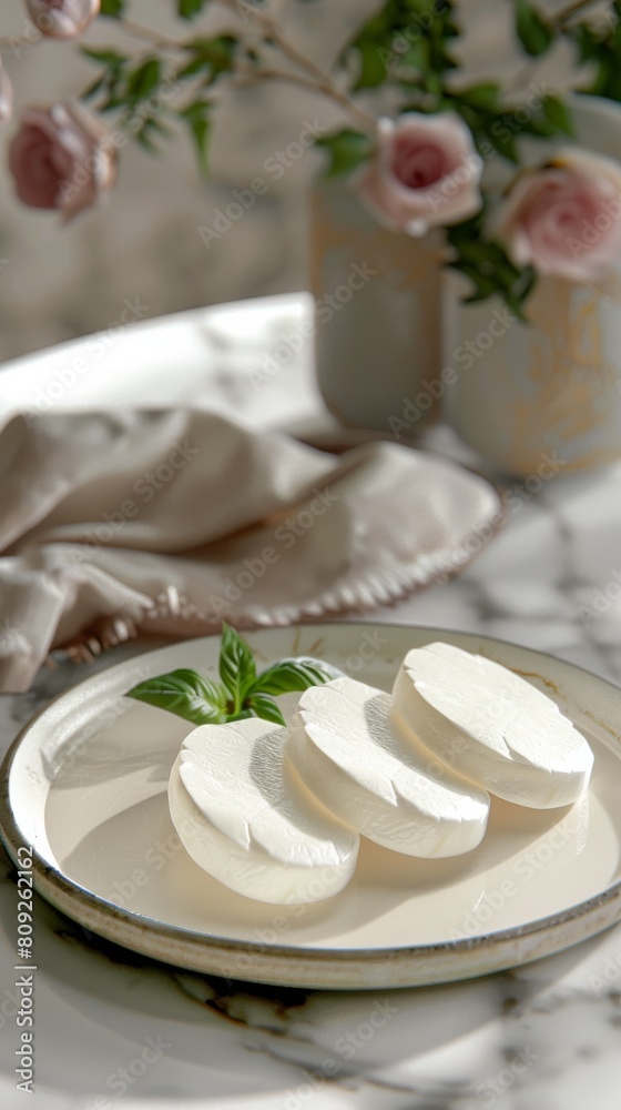 Soft, fresh mozzarella cheese elegantly sliced and arranged on a rustic plate with a basil garnish in soft lighting Soft, fresh mozzarella cheese elegantly sliced and arranged on a rustic plate with a basil garnish in soft lighting