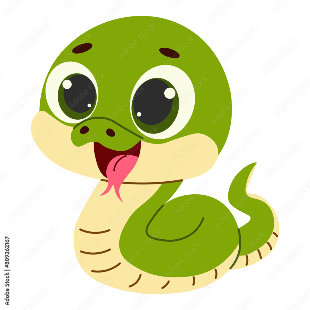 Fototapeta premium Cartoon cute green snake on white background. Vector illustration