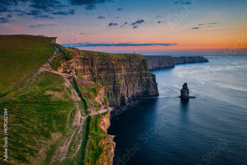 Aerial landscape with the Cliffs of Moher in County Clare at sunset, Ireland. photo