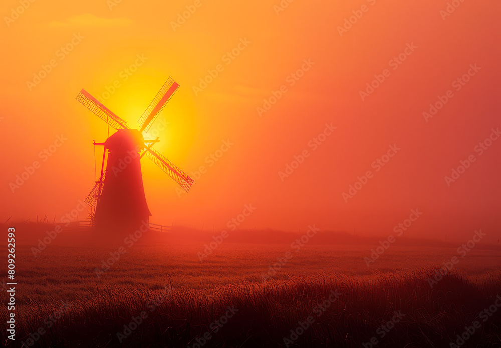 Windmill in the mist. A yellow windmill rises from a misty field