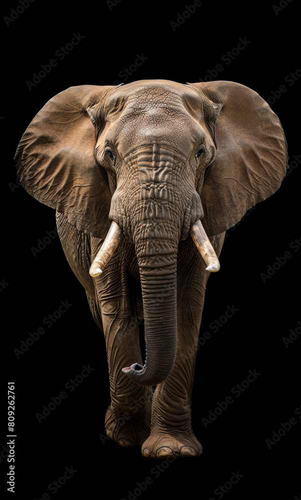 Fototapeta premium Elephant walking towards the camera isolated on black