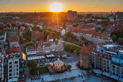 Aerial landscape of the Main Town of Gdansk by the Motlawa river, Poland.