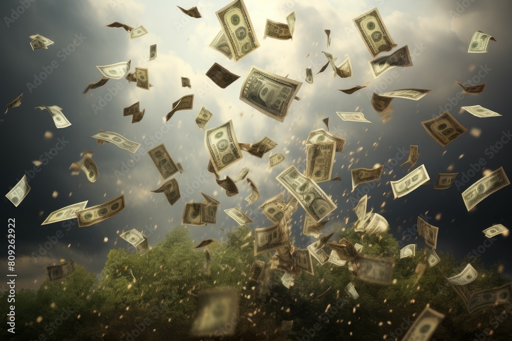 Imaginative scene of us currency swirling in the air like a storm against a dramatic sky