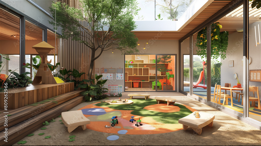 Kindergarten or hotel playroom or playground in the garden.