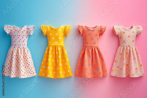 Light summer dresses with floral patterns. Pink, yellow, and blue colors. photo