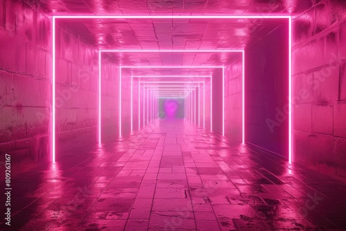 An empty underground pink room like tunnel with bare walls and lighting metro