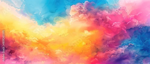 Vibrant watercolor background depicting an abstract sunset scene with fluffy clouds in vivid rainbow hues of pink, blue, yellow, orange, and purple.