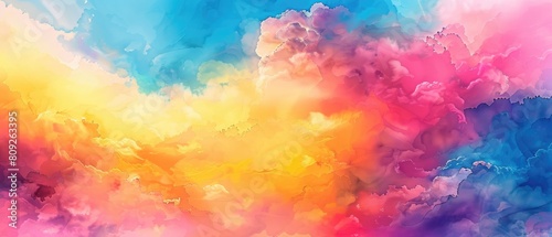 Wallpaper Mural Vibrant watercolor background depicting an abstract sunset scene with fluffy clouds in vivid rainbow hues of pink, blue, yellow, orange, and purple. Torontodigital.ca