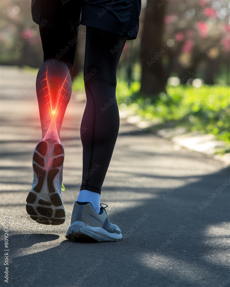 Red marker of pain in runners leg.