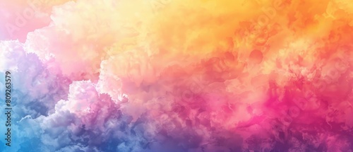 Lively watercolor artwork showcasing an abstract sunset panorama adorned with puffy clouds in a stunning array of pink, blue, yellow, orange, and purple tones.