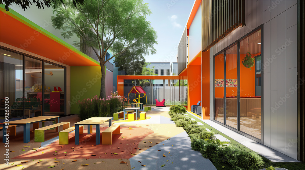 Kindergarten or hotel playroom or playground in the garden.