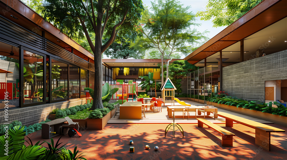 Kindergarten or hotel playroom or playground in the garden.