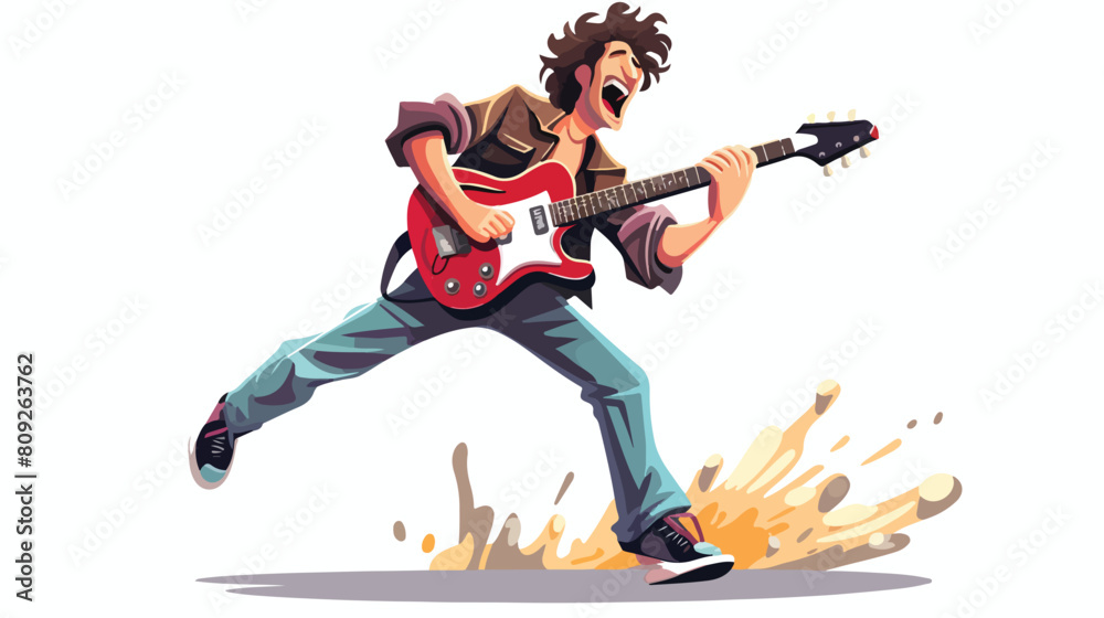 rock musician guitar player jumping happily on stag