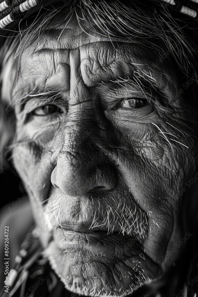 a close-up portrait of an indigenous man. selective focus