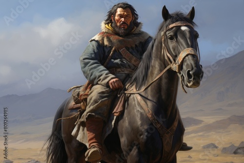 Digital painting of a mongolian warrior riding a horse in a vast desert setting © juliars
