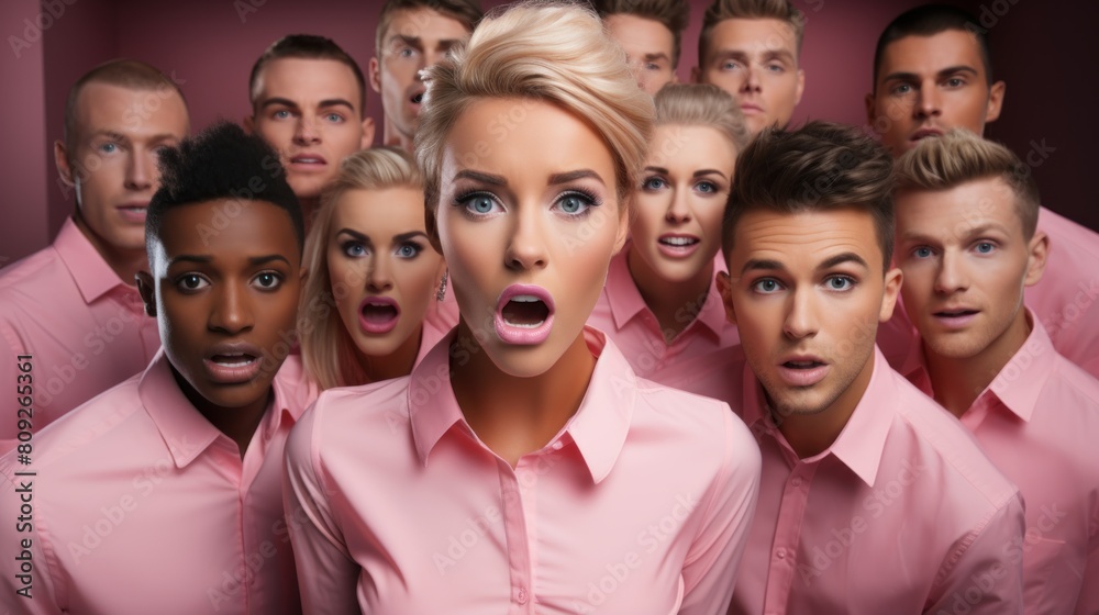 Diverse Group of Young Adults Expressing Shock and Surprise in Pink Shirts, Studio Portrait Diverse Group of Young Adults Expressing Shock and Surprise in Pink Shirts, Studio Portrait