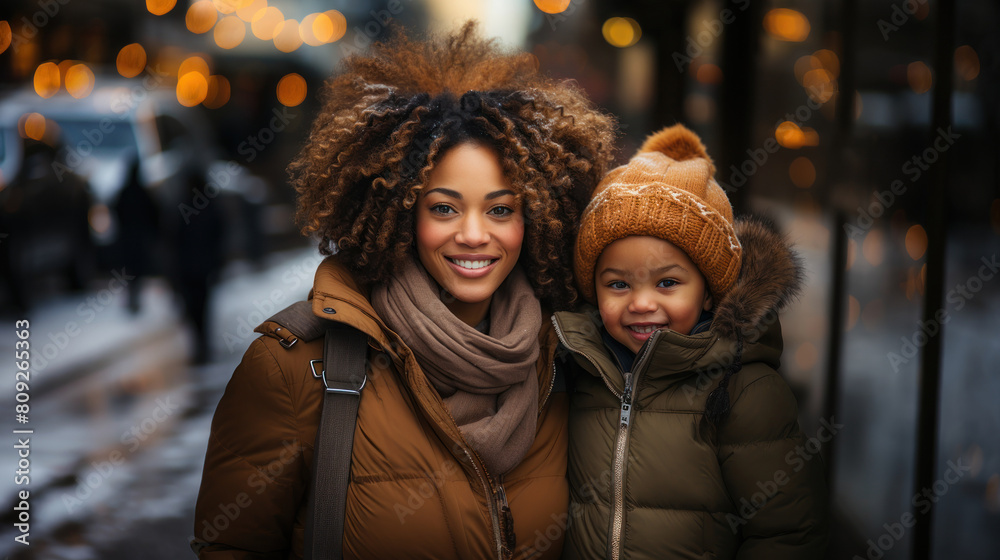African American Mother and Daughter Smiling Together on a Winter Day in the City African American Mother and Daughter Smiling Together on a Winter Day in the City