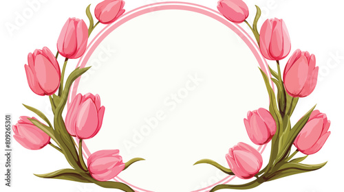 Round frame formed by one pink tulip flower with pl