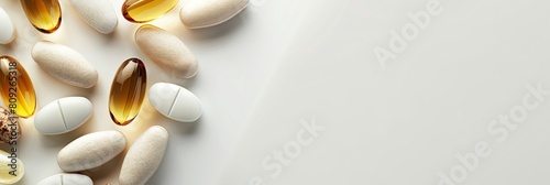 A bunch of pills are on a white background. The pills are of different shapes and sizes, and they are scattered all over the background. Concept of chaos and disorder